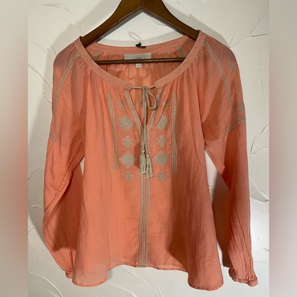 Ann Taylor The Loft Salmon Peasant Embroidered Tie Front Blouse SZ Small - Picture 3 of 11